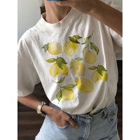 Plus-size Vintage Cottagecore Clothes Women Retro Aesthetic T-Shirts Cute Lemon Fruit TShirt Short Sleeve Loose Botanical Tshirt