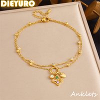 DIEYURO 316L Stainless Steel Color Zircon Heart Double-layer Anklets For Women New Fashion Waterproof Foot Chains Jewelry Gift