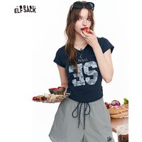 ELFSACK Vintage Lace Number Print T-shirt Slim V Neck Short Sleeve Top, Y2K Casual Fitted Tee, Sporty Graphic Crop T-shirt