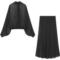 Women's Two-Tone Polka Dot Two-Piece Set: High-Neck Puff Sleeve Top with Bow & Mid-Length Skirt Two-Piece Set