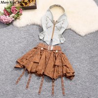 Y2K Halter Denim Crop Top with Rivets + Irregular Brown Mini Skirt Set Women Streetwear Grunge Two Piece Outfit Festival Fashion