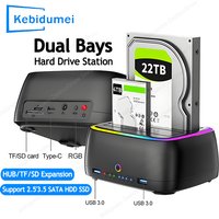 RGB Dual-bay HDD Docking Station SATA to USB 3.0 Adapter for 2.5/3.5 Inch HDD Case One Click Offline Clone Hard Drive Enclosure