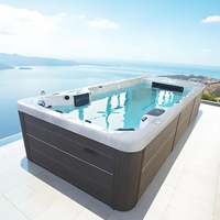 Large outdoor smart temperature-controlled infinity pool, massage surfing pool, and spa pool in villa hotels.