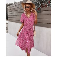 Summer Women Floral Print Dress Casual Short Sleeve Button Holiday Midi Dresses Female V-Neck Beach Boho Chic Dress Elegant Robe
