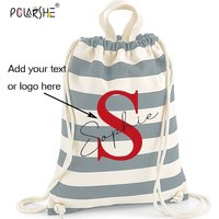 Customizable Striped Drawstring Backpack Cotton Canvas Material Personalized Text Logo Bag Foldable Portable For Travel School
