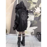 Dark Knight Brand Women's Subculture Punk Banded Hoodie with Fur Collar and Hood, Heavy-duty Distressed Zipper Hoodie