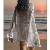 Pure Color Hollow Out Side Slit Top,Casual Loose Fit Long Sleeve Beach Cover-Up,Vacation Style,Plain Pattern,Fashion Beachwear