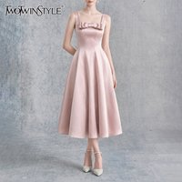 TWOTWINSTYLE Solid Slimming Spliced Bow Midi Dress for Women Square Neck Sleeveless Patchwork Zipper Elegant Dresses Female New