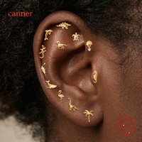 CANNER 1PC 925 Sterling Silver Horses/Turtles/Seahorses/Whales/Dinosaurs/Lizards Animal Threaded Flat Head Piercing Earring Gift