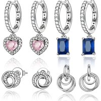 925 Sterling Silver Layered Interweaving&Pink Zirconia Heart-Shaped&Navy Blue Earrings Ladies' Daily Versatile Jewelry
