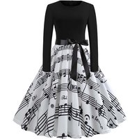 Music Note Print Elegant Party Dress Women Retro Vintage Casual Spring Autumn Midi Dresses