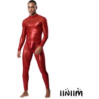 Men Metallic Shiny Full Body Unitard Long Sleeve Long Pants Back Zipper Catsuit Bodysuit Leggings Tights Sheer Jumpsuit Clubwear