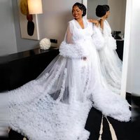 White Puffy Bridal Wedding Robe Customized Tulle Maternity Dress Nightgown Long Sleeves Ruffles Sleepwear Custmized Pajamas