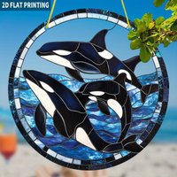 2D Flat, 2D Flat 1pc Orca Whale Sun Catcher19.99x19.99 cm Circular Acrylic SignColored Glass Style Window Hanging DecorSerene Oc