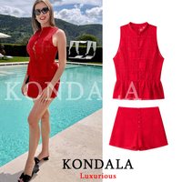 KONDALA Holiday Casual Women Red Embroidery Shorts Suit Lace Buttons Vest Straight Shorts Fashion 2026 Summer Beach Holiday Suit