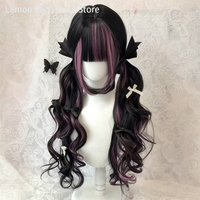 Schwarze Perücke mit rosa Cosplay-Perücken mit Pony, lange lockige Haarperücke im Lolita-Stil, Party-Cosplay-Perücke für Damen, natürlich, hitzebeständig