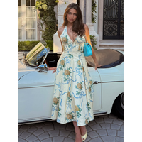 Elegant Print Halter Long Dress Women Sleeveless Backless Pleated A-line Holiday Dresses 2025 Summer Lady Slim Floral Beach Robe