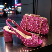 Women's Elegant Magenta Sparkly Rhinestones Chunky-Heels Slingbacks Peep Toes Sandals And Clutch Bag Set Wedding And Party Shoes image 4