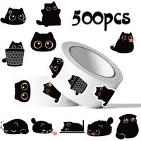 500PCS/Roll Cute Black Cat Cartoon Stickers, Minimalist Style, Cute & Fun, Perfect for Decoration, Sealing & Scrapbooking