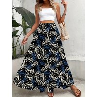 Women's High Waist A Line Midi Skirt with Tropical Floral Print Vacation Skirt Summer Casual Skirt for Women Elastic Waist
