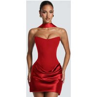 Mozision Satin Strapless Backless Sexy Mini Dress Women Elegant Halter Choker Neck Ruched Waist Bodycon Club Party Dresses