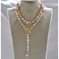 MTC·STAR Z12632 31" White Pink Lavender Round Rice Pearl Necklace Lavender Keshi Pearl Pendant CZ