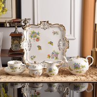 Hungarian Floral Garden Afternoon Tea Set With Teapot Sugar Bowl Creamer Tray And Coffee Cup Saucer Victoria Style