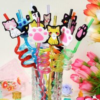 6pcs-12pcs Cat-paw-shaped straws. Reusable spiral straws, perfect for birthday parties, bars, weddings, and other occasions.
