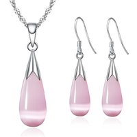 Pure 925 Sterling Silver Jewelry Set Simple White Pink Water Drop Opal Cat Eye Stones Pendant Necklace/Hook Earrings/Chain