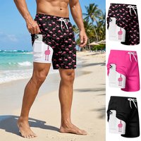 Men's Prank Flamingo Print 2 in 1 Board Shorts with Phone Pocket Summer Casual Funny Beach Shorts Quick Dry Swim Trunks Swimsuit