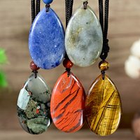 Unisex Vintage Tiger's Eye Teardrop Natural Stone Waterdrop Pendant Agate Necklace Long Sweater Chain for Women