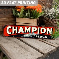 2D Flat, 1pc Champion Plugs Vintage Metal Sign - Heavy-Duty Iron Garage Decor with Red & Black Champion Plugs Logo - Large 3.94x