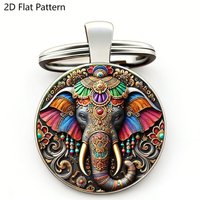 1PC Vintage Indian Elephant Keyring, Intricate Floral & Geometric Design, 2D Glass Dome Metal Keychain Bohemian Paisley Souvenir