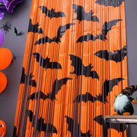 1Pc Black Bat Pattern Orange Foil Fringe Backdrop, Halloween Themed Photo Booth Background Decor For Holiday Party Supplies