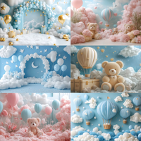 Cute Teddy Bears Soft Clouds Theme Background Newborn Baby Birthday Party Decoration Blue Sky Hot Air Balloon Kids Cake Gift