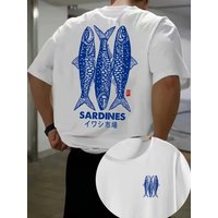 Man's Japanese Sardine Graphic T-Shirt, Retro Fish Market Print Crew Neck Short Sleeve Tee, Casual Summer Streetwear Top