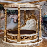 High End Baroque Style Bedroom Furniture Sets Gold Foil Wooden Luxury Round Canopy Beds