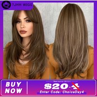 7JHH WIGS Honigblonde Perücke mit Pony, lange braune Perücken für Frauen, geschichtete hitzebeständige synthetische Perücken für den täglichen Gebrauch