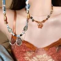 Melard Style Retro Beaded Butterfly Pendant Necklace for Women Colored Beads Bilayer Clavicle Sweater Chain Chokers Fine Jewelry