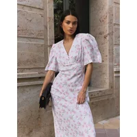 Wolfeel Summer Printed V-Neck Dress Women Fashionable Slim Fit Sexy Short Sleeves Long Skirt Temperament Office Women's Dress