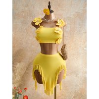STYLISH LADY Yellow Floral Applique Halter Bikini Top And Ruffled Skirt Outfits 2026 Summer Women Cover Up Two Piece Set