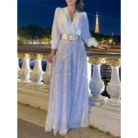 TARUXY Splice Sequins Maxi Dresses For Women Fashion Folds Loose V Neck Elegant Dress Femme Party Evening Dresses Luxury 2023