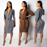 Sexy V Neck Long Sleeve Skinny Mini Print Dress Tight Club Party Lady Fashion Sheath High Street Drdess