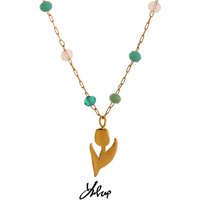Yhpup Blue Crystal France Flower Pendant Stainless Steel Necklace Chic Delicate Waterproof Handmade Boho Fashion Jewelry Women