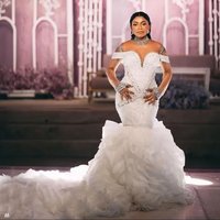 Luxury African Wedding Dresses Black Girls Mermaid Long Sleeves Pearls Aso Ebi Women Bridal Gowns Vestido De Novia Customized