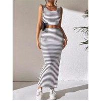 New Fashion Striped Print Bodycon Two Piece Sets Sping Summer Casual Tank Short Top & Slim Side Slit Midi Skirt Set Streetwear
