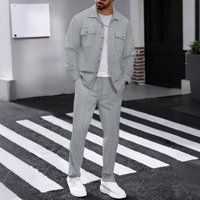 Men's casual two-piece waffle texture suit (including button-down top and elastic waist pants) - fashionable street casual sport