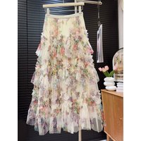 Floral Print Mesh Layered Long Skirt for Women 2026 Summer Patchwork Tulle Cake Style Puffy Skirts Elegant Flowy Skirt
