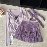 Spring Summer Sexy Sweet 2 Piece Sets Women Lace Design Fake 2 Piece Tops +High Waist Retro Skirt Female V-neck Chic Outfits New