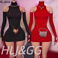 HLJ&GG Spring New Women Turtleneck Halter Bodycon Mini Dress Sexy Hot Girl Slim Solid Vestidos With Sleeve Glove 2026 Streetwear